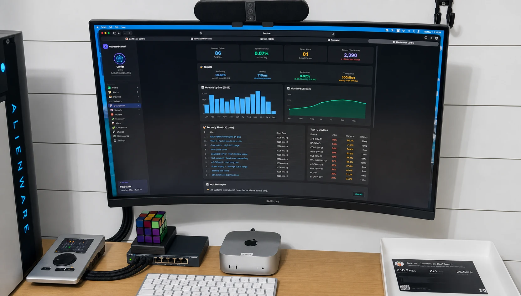 An AI operator running on a Mac mini beside a desktop dashboard of business metrics